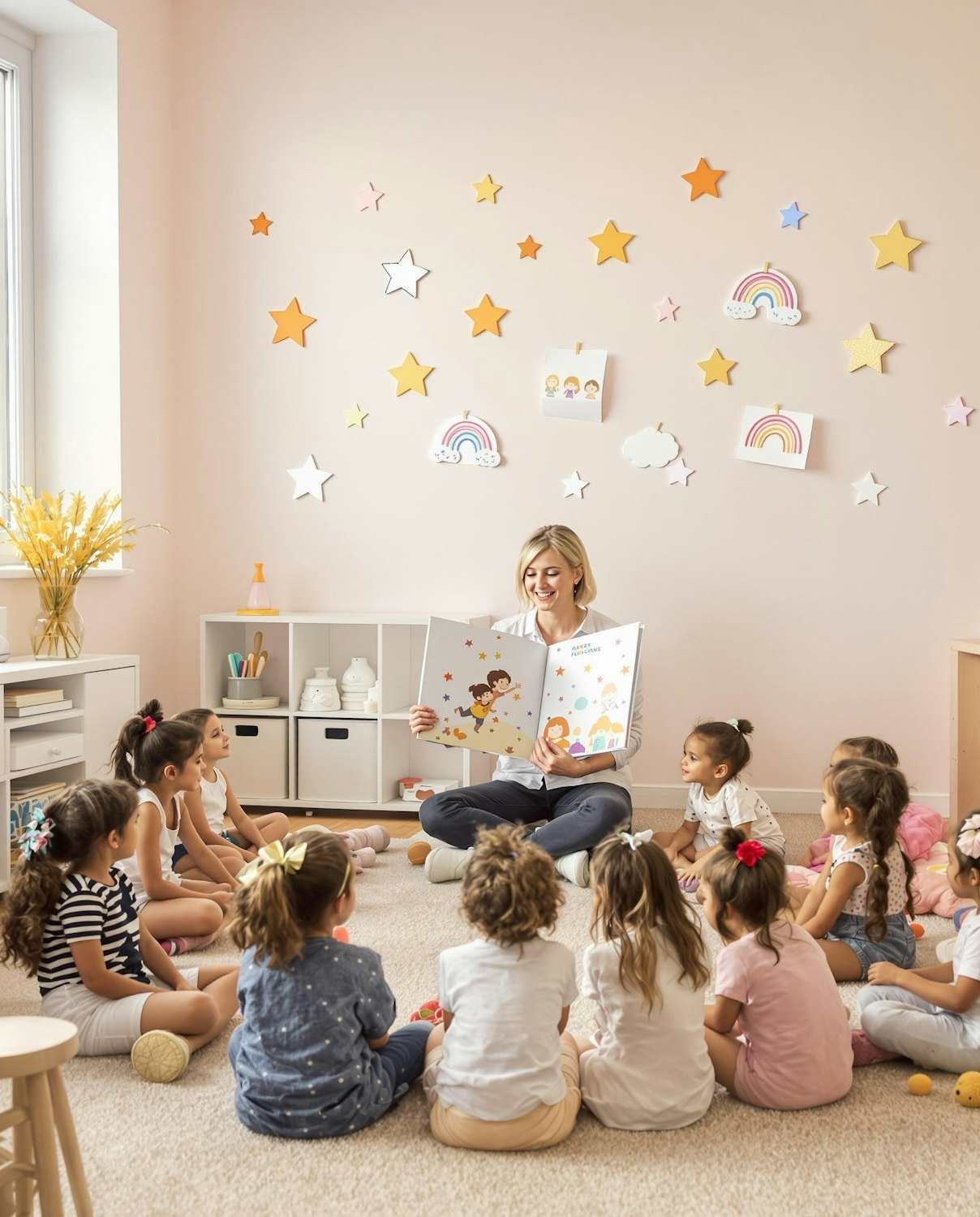 A teacher reading a story to a group of young students in a bright, welcoming classroom