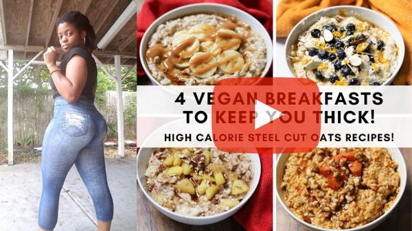 gina marie in blue jeans next to 4 oatmeal dishes with a text overlay that reads 4 vegan breakfasts