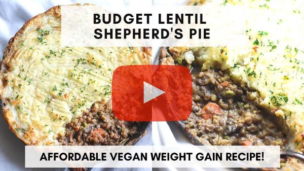 youtube graphic of lentil's shepherd's pie with a play button in the middle 