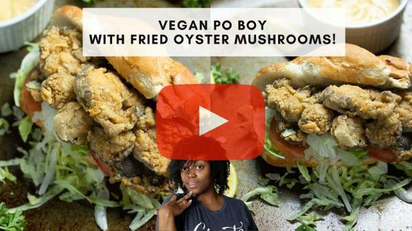 two photos of vegan po boy sandwiches with Gina Marie at the bottom and a text overlay that reads Vegan Po Boy with Fried Oyster Mushrooms