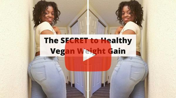 photo of Gina Marie in blue jeans with a text overlay that reads The SECRET to Healthy Vegan Weight Gain