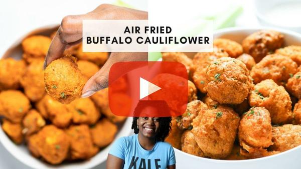 2 photos of buffalo cauliflower with a picture of Gina Marie at the bottom and a text overlay that reads Air Fried Buffalo Cauliflower