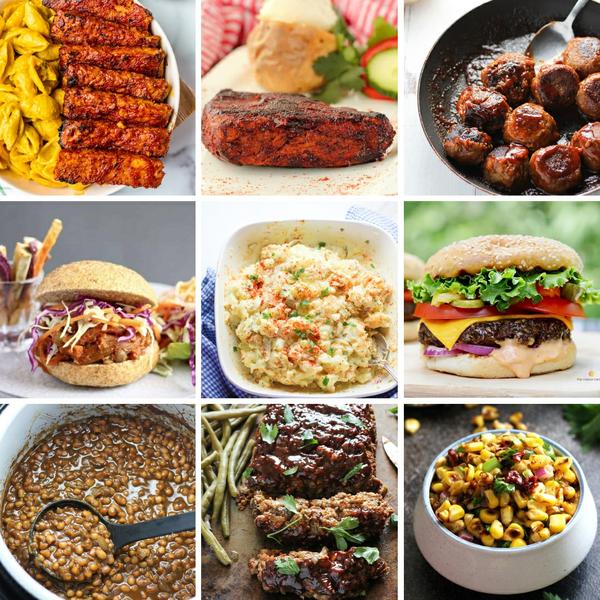 multiple pictures of vegan bbq dishes