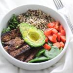 tempeh bacon salad in a white bowl