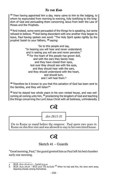 Page 238 of "Upside Down with Paul" by Mark Morgan. Text of Acts has side bars, brief descriptions of the situation in a box and the start of an imaginative sketch. Footnotes are also displayed.