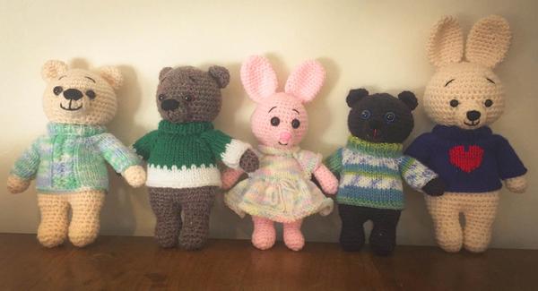Assortment of stuffed animals, made by Ruth