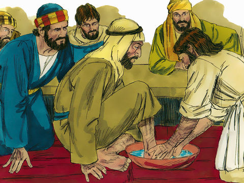 "When Jesus and the disciples arrived, there was not a servant to wash their feet. So Jesus poured water into a basin, and began to wash the disciples’ feet and to wipe them with a
towel." (Sweet Publishing / FreeBibleImages.org  https://freebibleimages.org/illustrations/last-supper-jesus/ Slide 5)  CC BY-SA 3.0 (https://creativecommons.org/licenses/by-sa/3.0/)