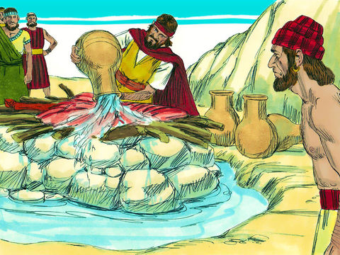 "Elijah then gathered the people around him and rebuilt an altar of God that had fallen into ruins. He placed the 12 stones and dug a trench around it." (Sweet
Publishing / FreeBibleImages.org  http://freebibleimages.org/illustrations/elijah-carmel/ Slide 16)  CC-BY-3.0 (https://creativecommons.org/licenses/by/3.0/)