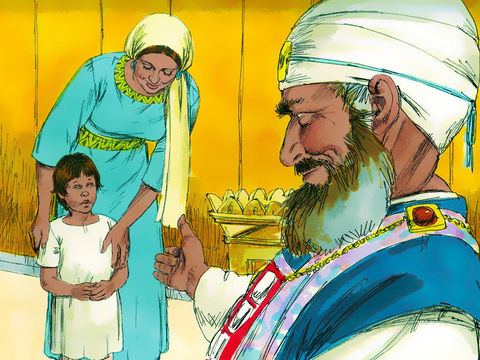 "When Samuel was old enough Hannah kept her promise and came to the Tabernacle to give her boy to God and be trained to serve Him. ‘I asked the Lord to give me this
boy,’ she declared. ‘God has answered my prayer. Now I am giving him to the Lord and he will belong to Him his whole life.’" (Sweet Publishing / FreeBibleImages.org  http://freebibleimages.org/illustrations/samuel-born/ Slide 12)  CC-BY-3.0 (https://creativecommons.org/licenses/by/3.0/)