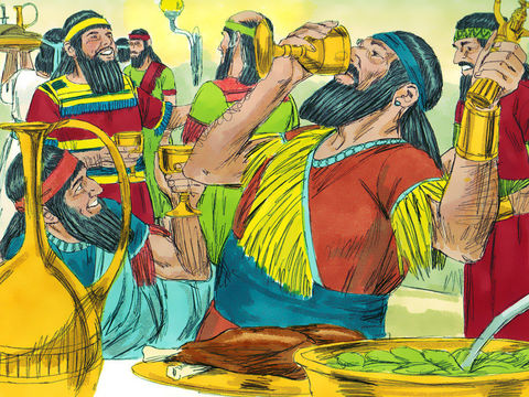 "So the king and his nobles, his wives, and his harem drank wine from cups taken from God’s temple. While they drank from them they
praised their idols made of gold, silver, bronze, iron, wood, and stone." (Sweet Publishing / FreeBibleImages.org  http://freebibleimages.org/illustrations/daniel-feast/ Slide 4)  CC-BY-3.0 (https://creativecommons.org/licenses/by/3.0/)