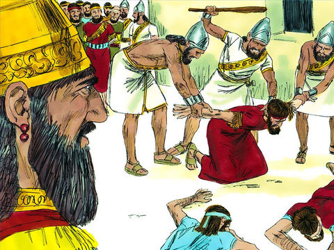 "The Babylonian generals took all the most important priests and officials, all of whom had been responsible for leading the people to disobey God, and took them to King
Nebuchadnezzar’s camp. Here they were beaten and put to death" (Sweet Publishing / FreeBibleImages.org  http://freebibleimages.org/illustrations/fall-jerusalem/ Slide 12)  CC BY-SA 3.0 (https://creativecommons.org/licenses/by-sa/3.0/)