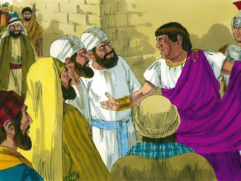 "While this was going on Pilate’s wife sent him a message. ‘Don’t have anything to do with that innocent man, for I have suffered a great deal in a dream because of
Him.’ It was the custom for a prisoner to be released at the Passover feast. So Pilate asked the crowd. ‘Who do you want released, Barabbas or Jesus?’ Barabbas had been imprisoned for leading a rebellion and for murder. ‘Barabbas,’ they shouted back." by Sweet Publishing/FreeBibleImages.org http://freebibleimages.org/illustrations/jesus-trials/ Slide 13 Licence: CC-BY-SA-3.0 Sweet Publishing / FreeBibleImages.org (https://creativecommons.org/licenses/by-sa/3.0/)