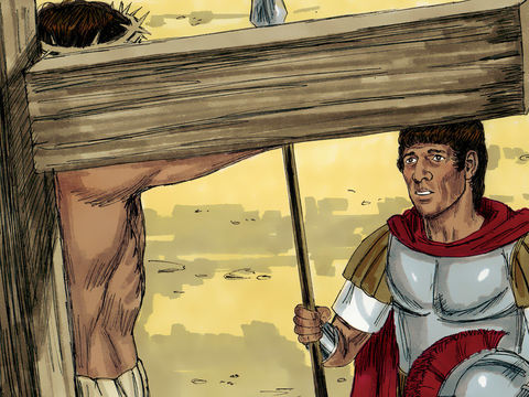 "The Roman centurion, in charge of the crucifixion, who had been watching Jesus die, suddenly praised God and said, ‘Surely this was the Son of God.’" (Sweet
Publishing / FreeBibleImages.org  http://freebibleimages.org/illustrations/jesus-crucified-dies/ Slide 10)  CC-BY-3.0 (https://creativecommons.org/licenses/by/3.0/)