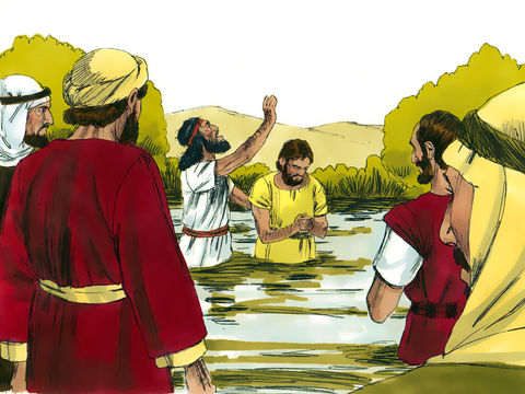 "People from all around went into the wilderness to hear John preach. Many confessed their sins and were baptised by John in the River Jordan." (Sweet Publishing
/ FreeBibleImages.org  http://freebibleimages.org/illustrations/john-baptist-jesus/ Slide 3)  CC BY-SA 3.0 (https://creativecommons.org/licenses/by-sa/3.0/)