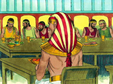 "Joseph sat his brothers at the meal table in age order from the oldest to the youngest. Joseph sat at his own table. Benjamin was served five times as much food as the others. So
the brothers feasted and drank freely together." (Sweet Publishing / FreeBibleImages.org  https://freebibleimages.org/illustrations/joseph-reunion/ Slide 5)  CC BY-SA 3.0 (https://creativecommons.org/licenses/by-sa/3.0/)