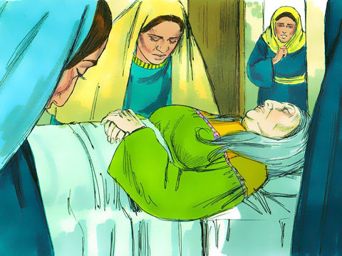 "At that time, Dorcas became sick and died. Her dead body was washed and laid in an upstairs room." (Sweet Publishing / FreeBibleImages.org 
http://freebibleimages.org/illustrations/peter-dorcas/ Slide 5)  CC BY-SA 3.0 (https://creativecommons.org/licenses/by-sa/3.0/)