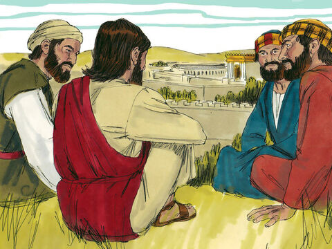 "As Jesus was sitting on the Mount of Olives opposite the temple, Peter, James, John and Andrew asked, ‘Tell us, when will these things happen? And what signs will
there be that these things are about to take place?’" See https://freebibleimages.org/illustrations/jesus-future/ Slide 3.  The original illustrations are the copyright of Sweet Publishing and these digitally adjusted compilations of them the copyright of FreeBibleimages. They are made available for free download under a Creative Commons Attribution-ShareAlike 3.0 Unported license (https://creativecommons.org/licenses/by-sa/3.0/).