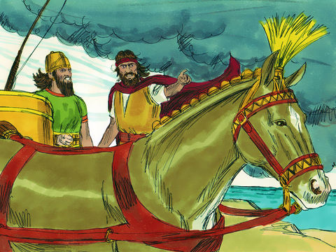 "Elijah knew God had answered his prayer and had a message for King Ahab. ‘Hitch up your chariot and go down the mountain before the rain stops you.’ The sky grew
black with clouds, the wind rose and heavy rain started falling. King Ahab quickly rode off in his chariot." (Sweet Publishing / FreeBibleImages.org  http://freebibleimages.org/illustrations/elijah-prays-rain/ Slide 18)  CC BY-SA 3.0 (https://creativecommons.org/licenses/by-sa/3.0/)