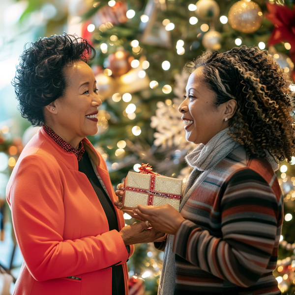 a woman giving another woman a gift for Christmas 