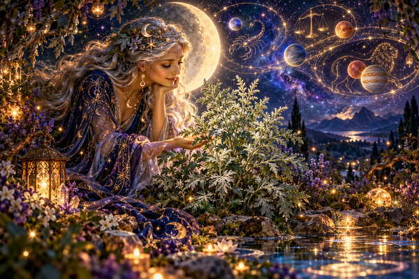 A silver-haired Moon goddess gazes lovingly at Mugwort in an enchanted garden beneath a celestial sky filled with stars, planets, and golden light.