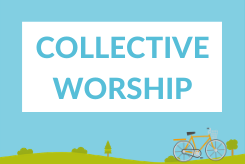 Text reads 'Collective worship' on a blue background. A bicycle is pictured on a cartoon landscape at the bottom. 