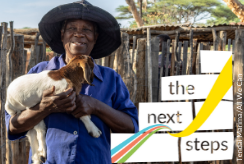 A woman in a wide-brimmed black hat and blue shirt carries a goat. A logo is also picture in the shape of a staircase, reading 'the next steps'. 