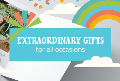 A colourful banner with rainbows, confetti, and gift cards reads 'Extraordinary Gifts for all occasions.'