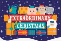 A colourful pile of presents, with a banner reading 'Extraordinary Christmas' sits amid a snowy scene. 