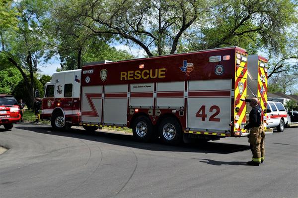 Fire truck and rescue team on a residential street