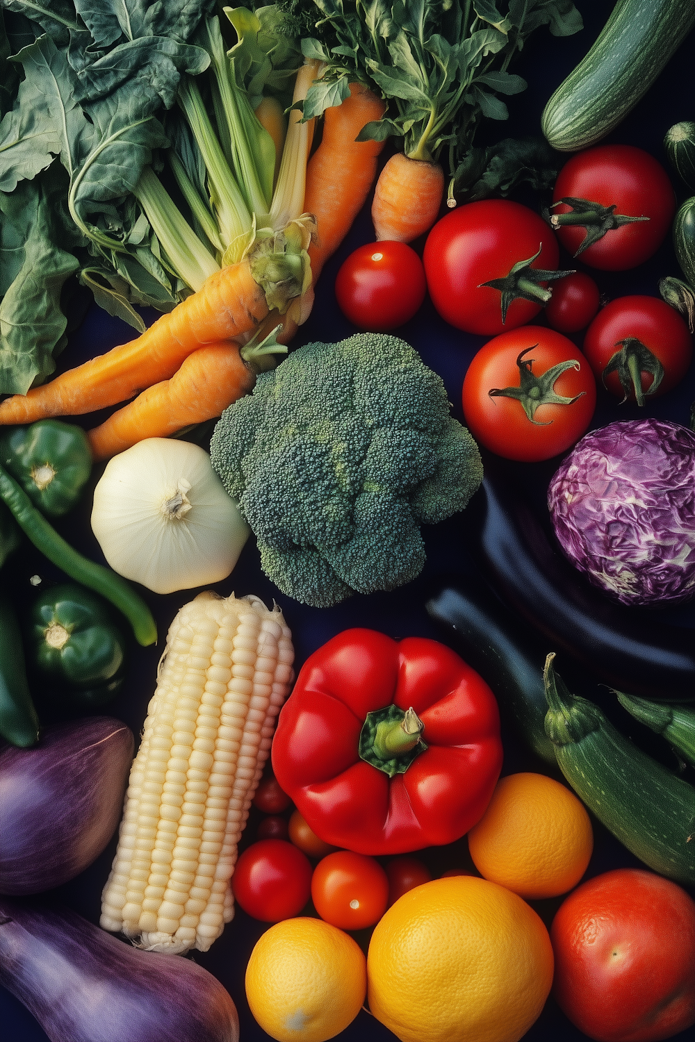 A colorful spread of fresh vegetables and fruit — carrots, tomatoes, broccoli, corn and citrus — on a dark table