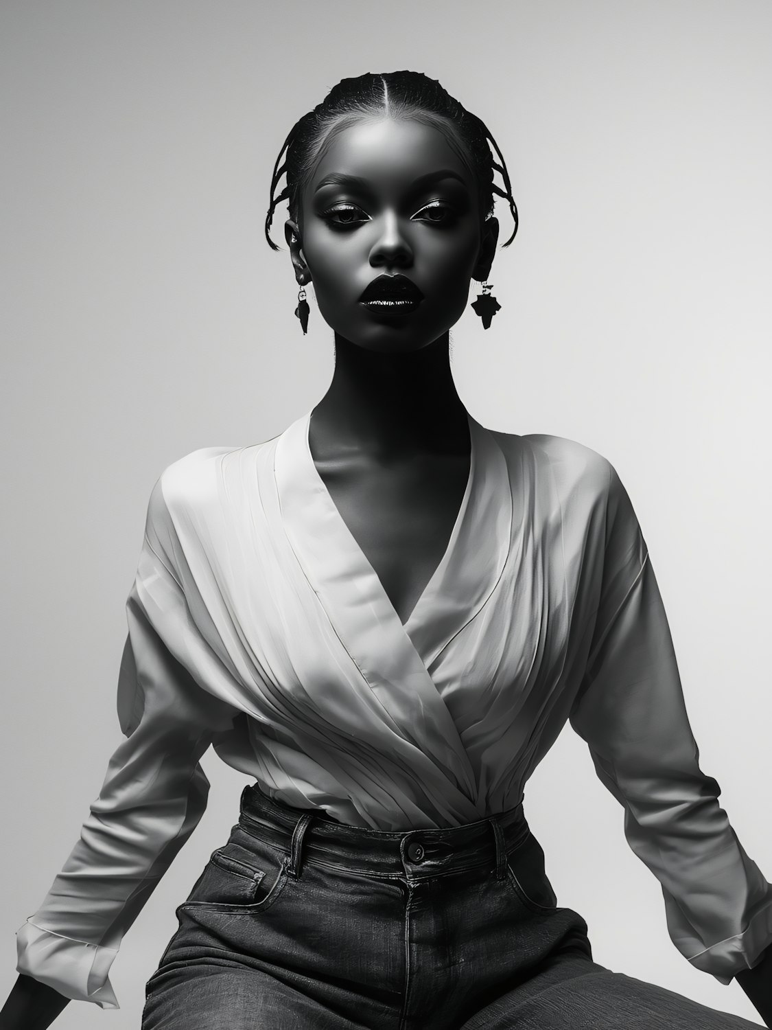Black-and-white portrait of a woman with braided hair and statement earrings