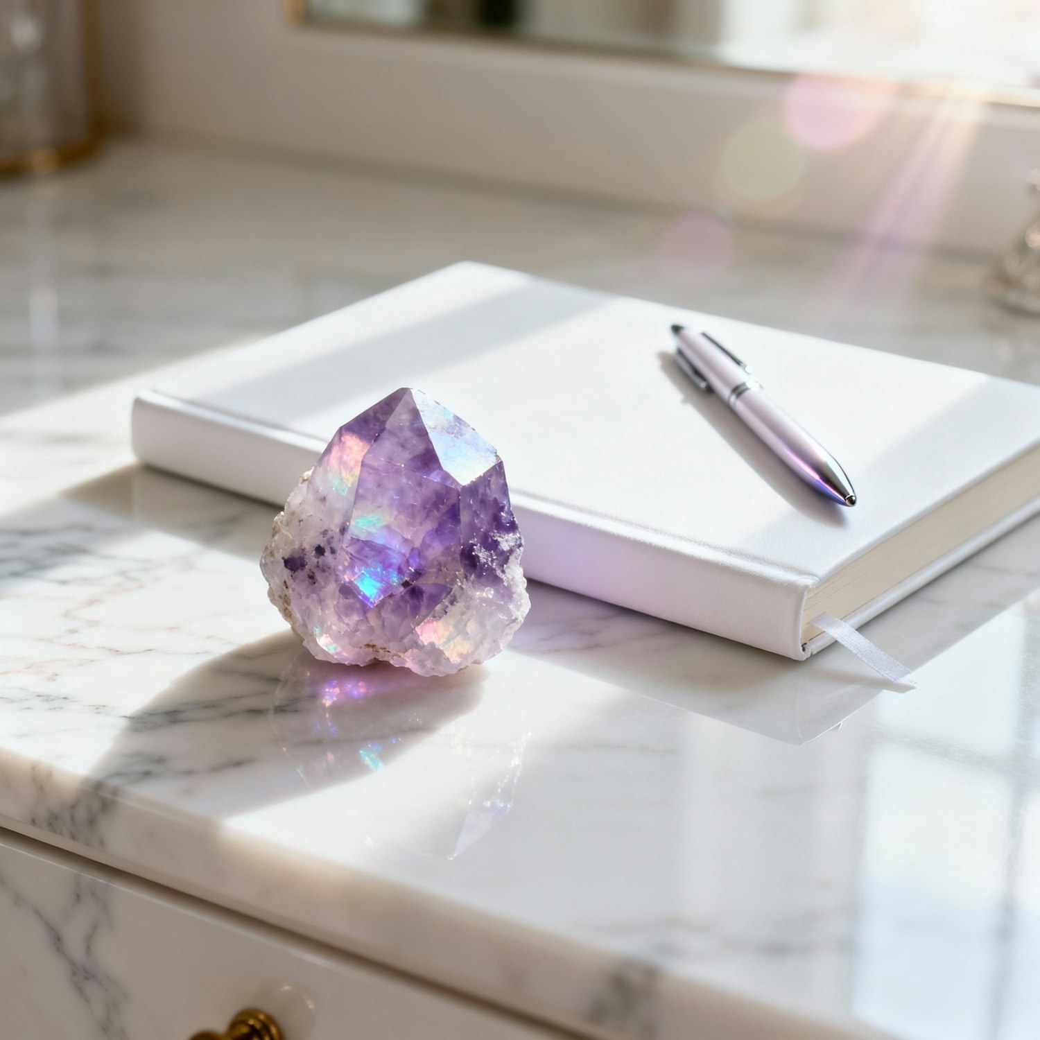 An open notebook and pen resting on a calm marble surface in soft daylight