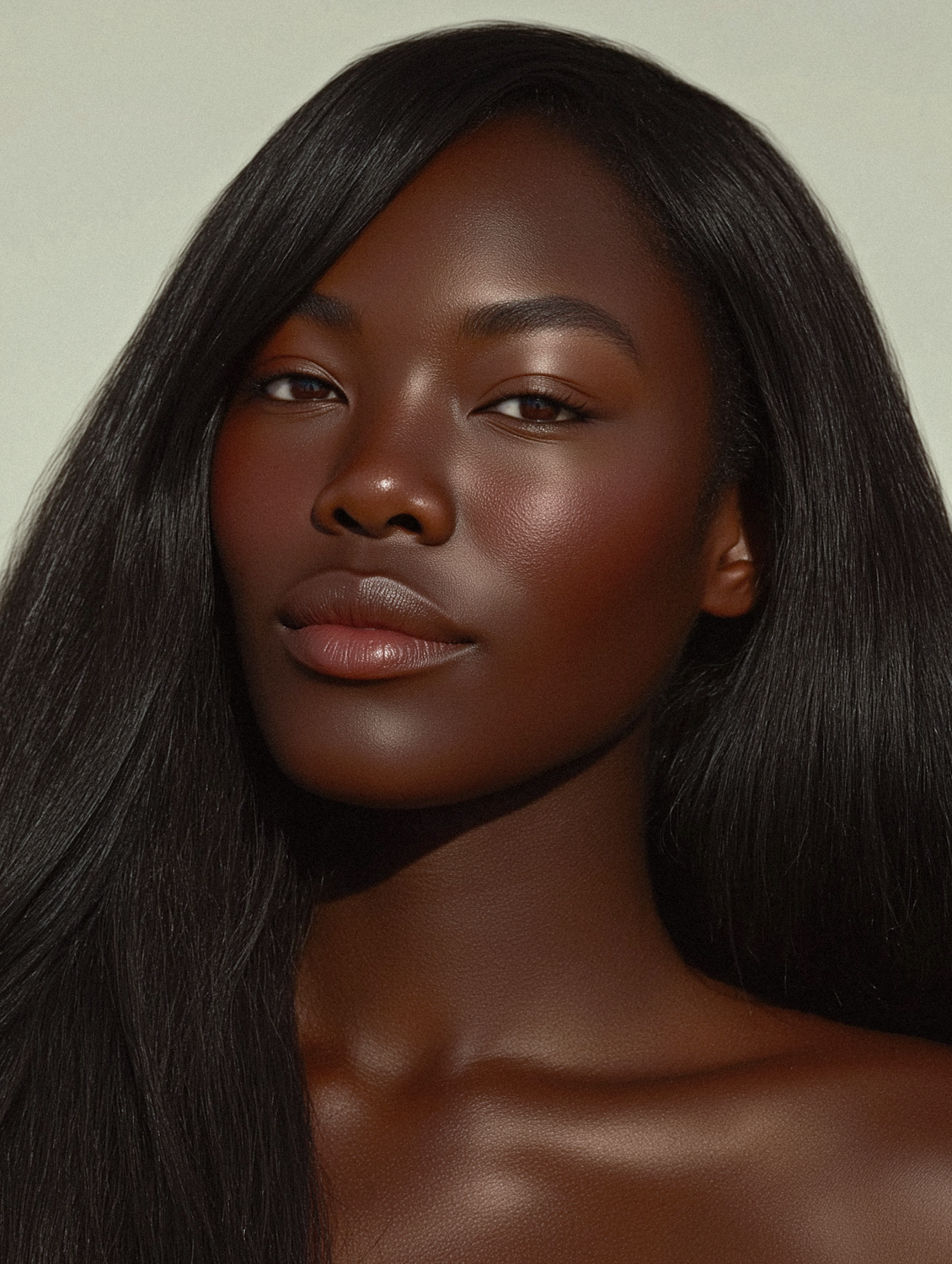 A woman with radiant dark skin, calm and at ease in soft, warm light