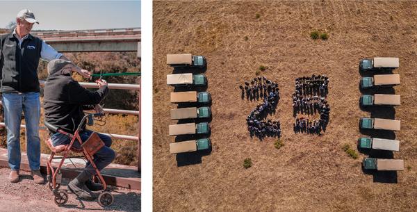 Amakhala Game Reserve's new wildlife corridor ribbon cutting, and formation of people standing in shape of 25