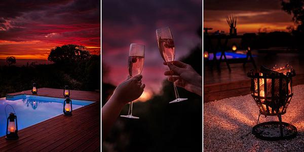 Collage of images at sundown, warm cozy fire and drinks poolside