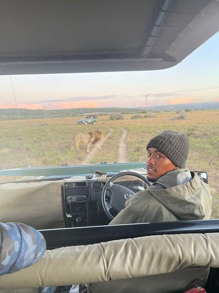 Field guide on game drive with lion in background