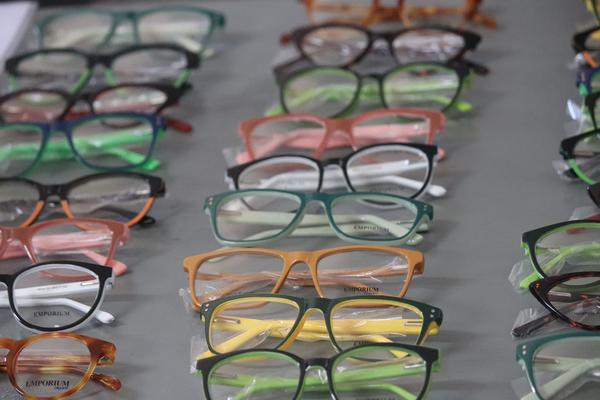 Glasses laid out on table