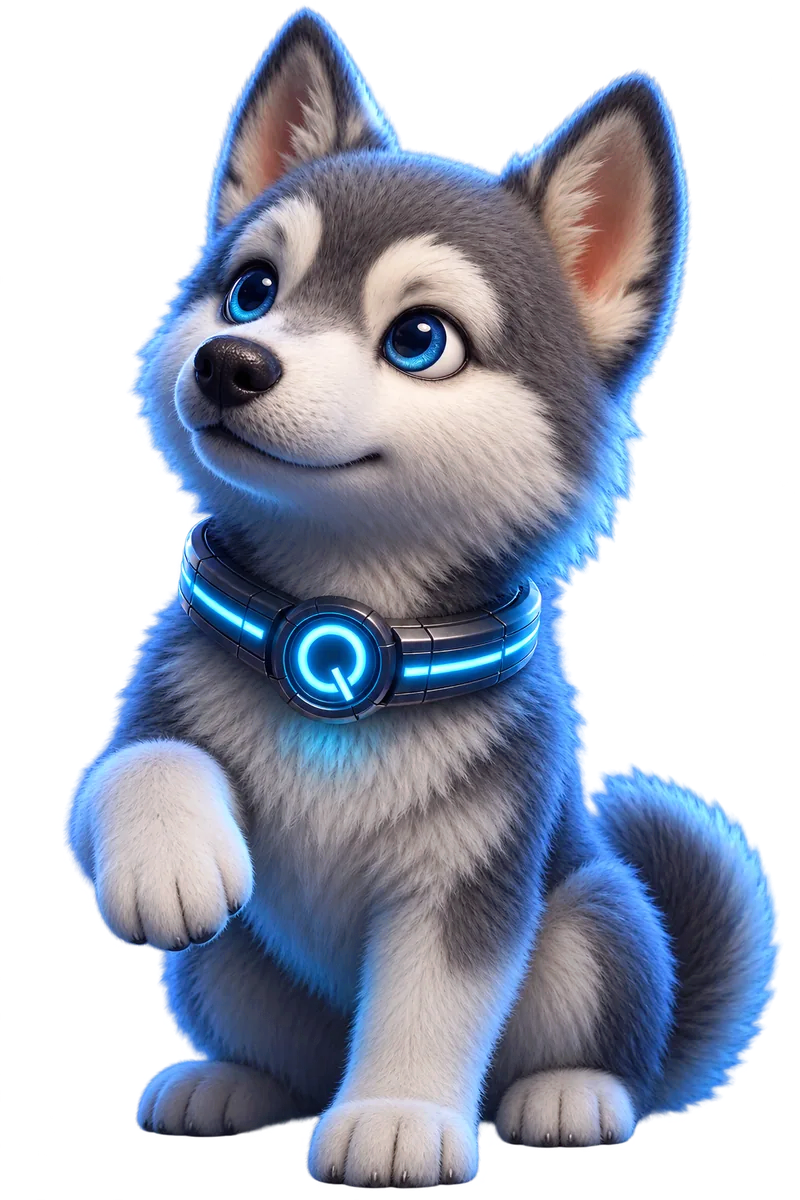 Macrobit’s husky pup mascot with a glowing blue collar, raising a paw