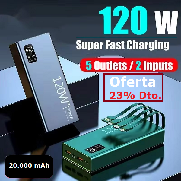 Cargador Rápido de Celular 20.000mAh 120w 4 Cables Integrados