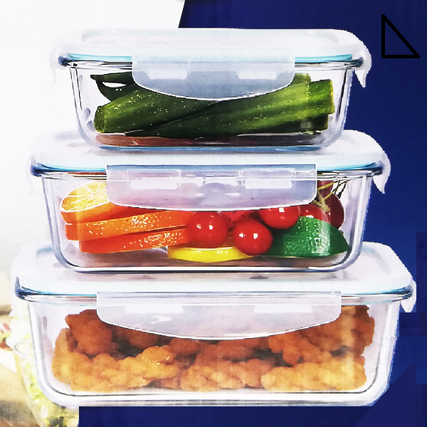 Set de 3 Recipientes de Vidrio Rectangulares con Tapa