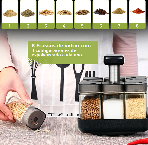 Especiero Condimentero Giratorio con 8 Frascos de Vidrio