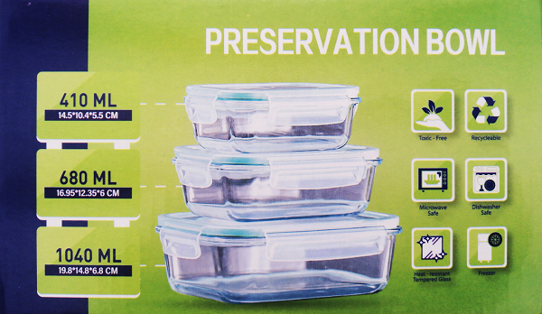 Set de 3 Recipientes de Vidrio Rectangulares con Tapa