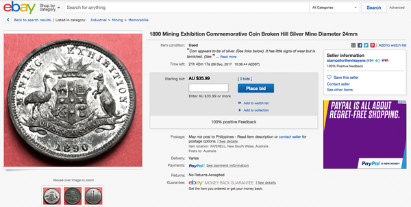 1890 Mining Exhibition Commemorative Coin Broken Hill Silver Mine Diameter 24mm