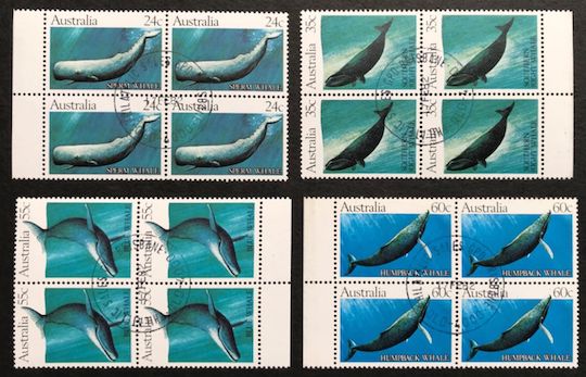 1982 Whales 24c 35c 55c 60c Set of 4 in Marginal Blocks of 4 CTO Brisbane FDI