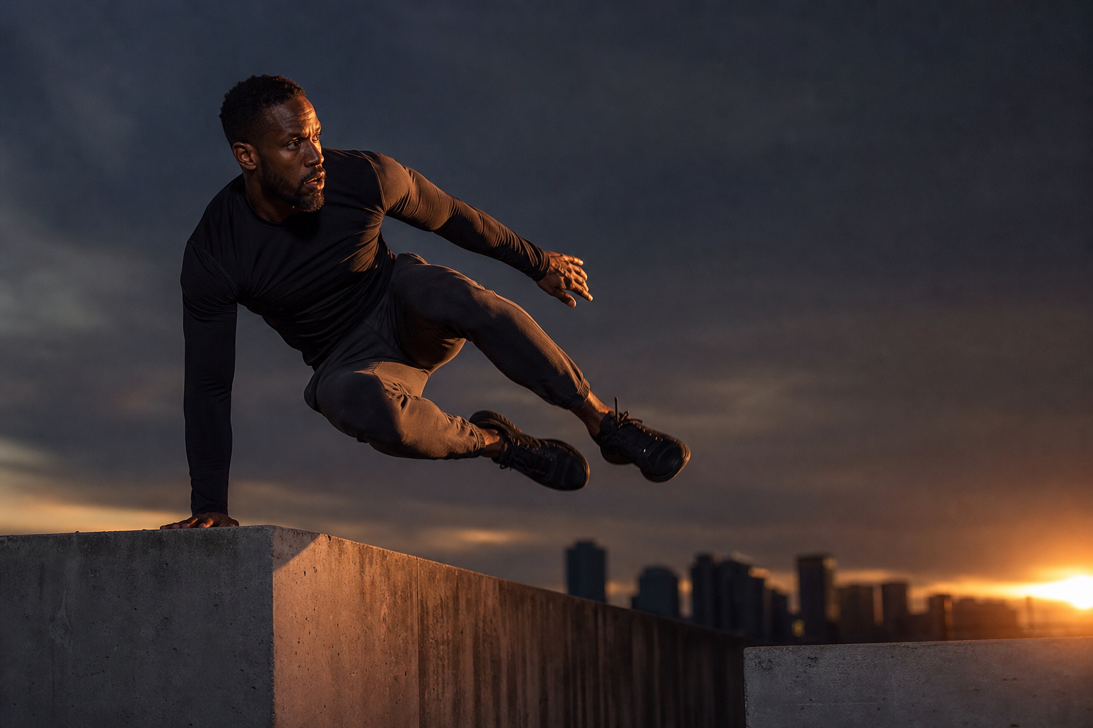Hombre atleta ejecutando un movimiento de parkour controlado sobre estructura urbana al atardecer