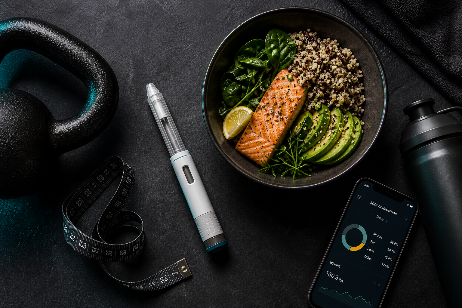 Pluma GLP-1 junto a una comida alta en proteína, una pesa rusa y una cinta métrica