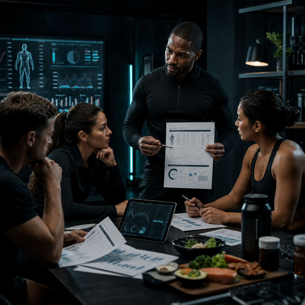 Instructor afroamericano formando a profesionales de la salud, analizando datos y planes de alimentación