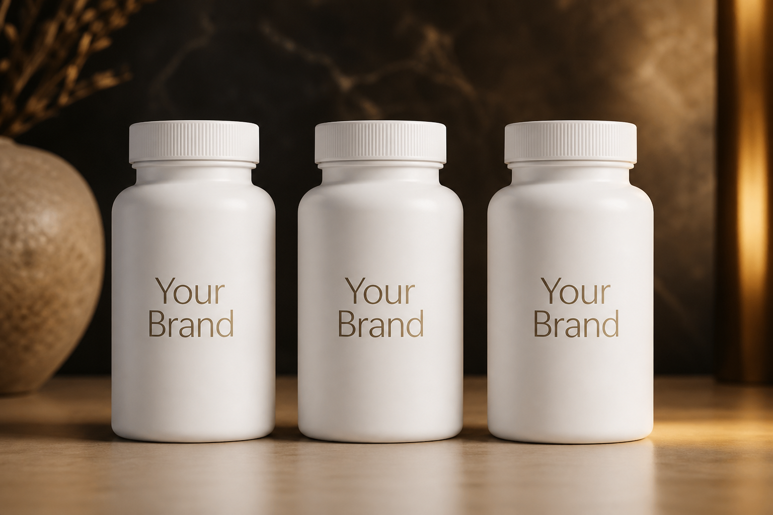 Frascos de suplementos de marca privada con la etiqueta Your Brand