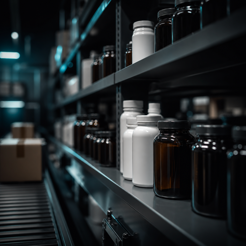 Botellas de suplementos sin etiqueta en un almacén, listas para etiquetado y fulfillment