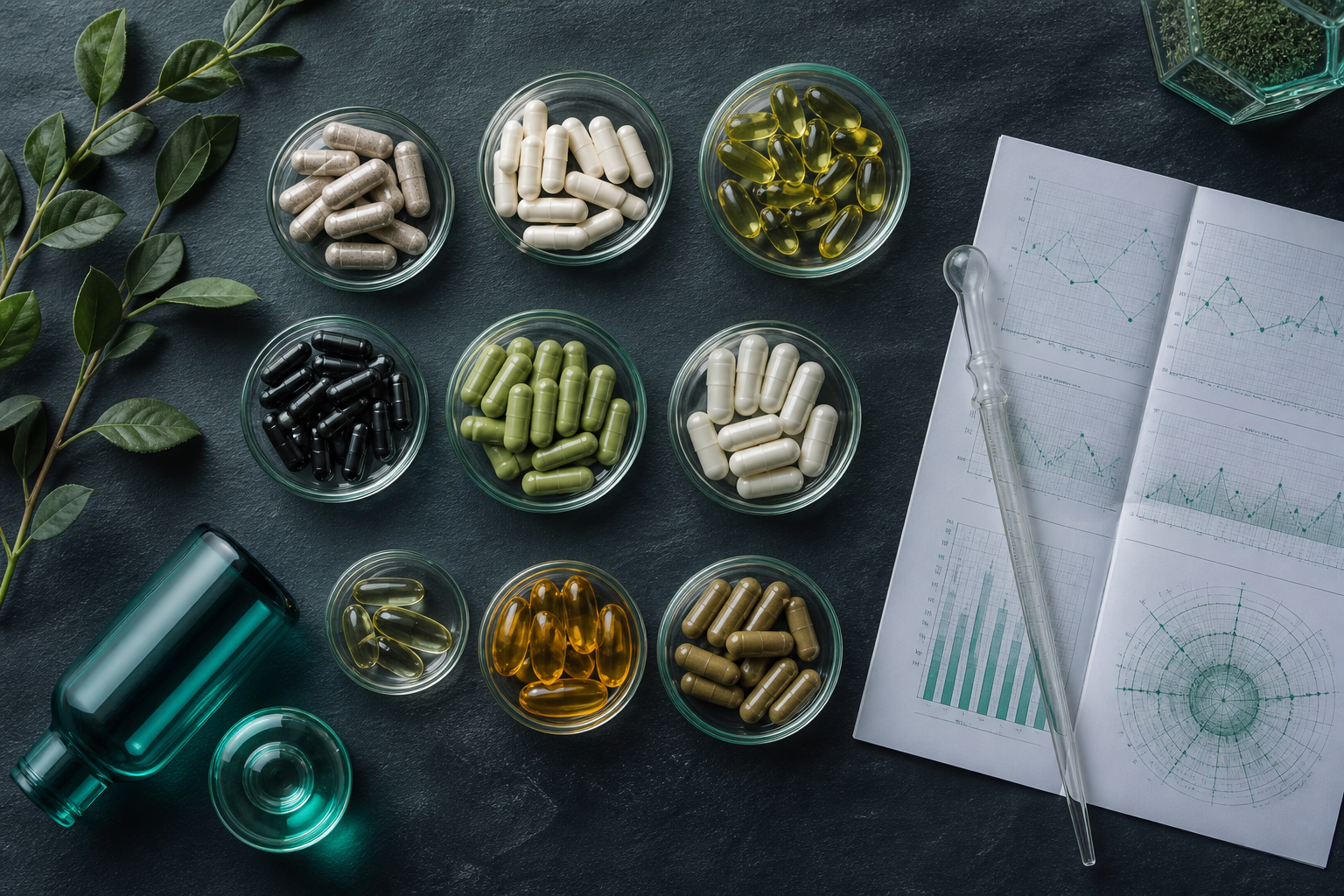 Suplementos organizados junto a un análisis de laboratorio sobre superficie oscura